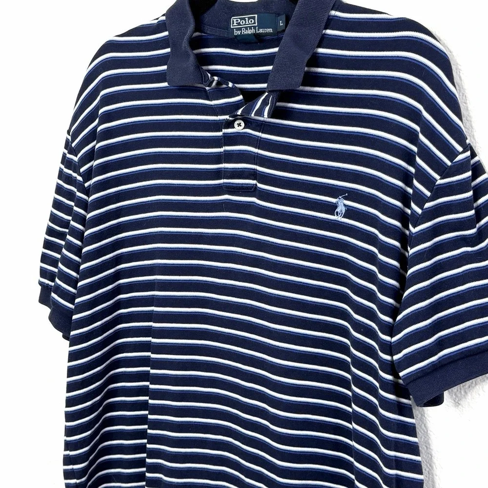 Polo Ralph Lauren Navy Blue Striped Polo Shirt‎ Men's Large Classic Fit